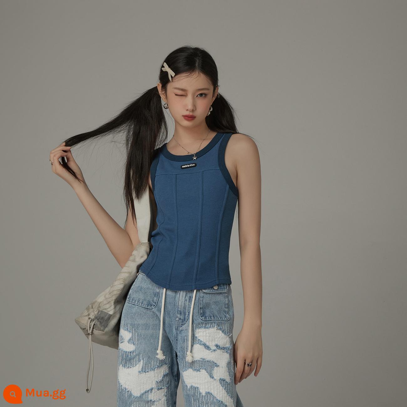 CHUU hot girl vest nhỏ nữ xuân hè 2023 sản phẩm mới phần ngắn phối màu dáng ôm vừa vặn sang trọng dây treo hình chữ I - Phiên bản xương cá màu xanh hải quân