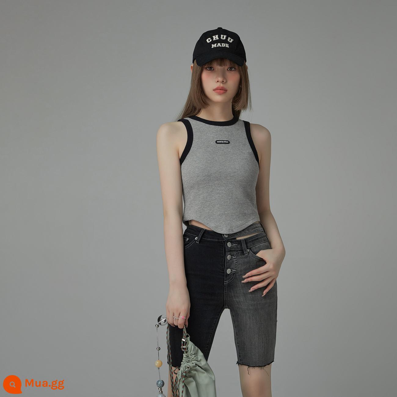 CHUU hot girl vest nhỏ nữ xuân hè 2023 sản phẩm mới phần ngắn phối màu dáng ôm vừa vặn sang trọng dây treo hình chữ I - Phiên bản tương phản 2 màu xám hoa nhạt