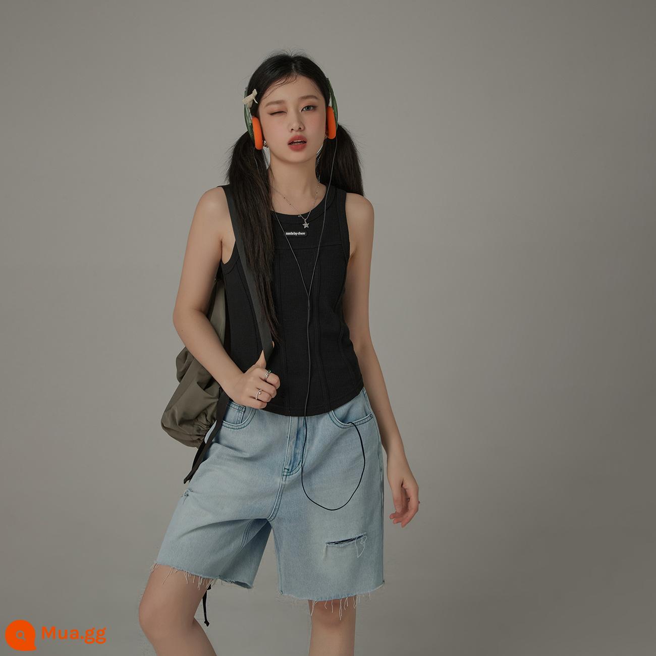 CHUU hot girl vest nhỏ nữ xuân hè 2023 sản phẩm mới phần ngắn phối màu dáng ôm vừa vặn sang trọng dây treo hình chữ I - Phiên bản xương cá đen