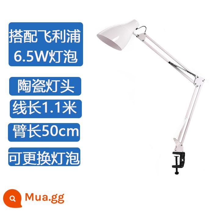 Mỹ cánh tay dài gấp LED dài che bàn đèn làm móng đèn bảo vệ mắt văn phòng kẹp đầu giường làm việc mờ hoa văn rỉ sét đèn - Model màu trắng [clip + 6,5W Philips]