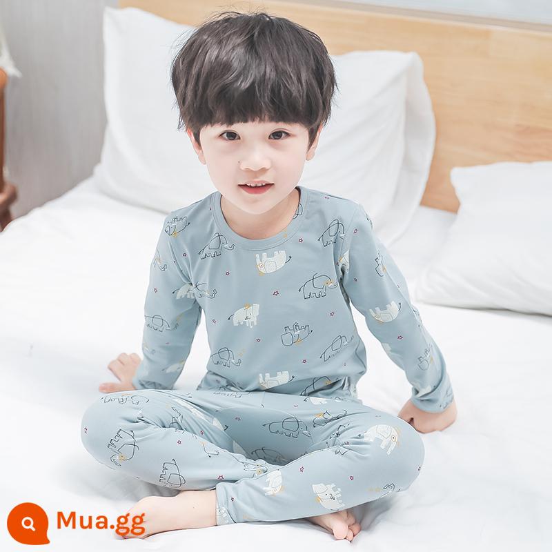 Bộ đồ lót trẻ em cotton nguyên chất bé trai quần áo mùa thu quần vệ sinh cotton bé áo len cotton đồ ngủ quần áo mặc ở nhà mùa xuân thu phần mỏng - Voi xanh xám mới [Bông nguyên chất loại A]