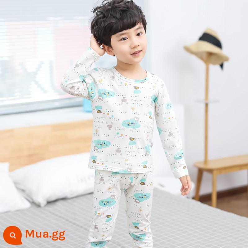 Bộ đồ lót trẻ em cotton nguyên chất bé trai quần áo mùa thu quần vệ sinh cotton bé áo len cotton đồ ngủ quần áo mặc ở nhà mùa xuân thu phần mỏng - Gấu mây trắng xanh nguyên bản [bông nguyên chất loại A]