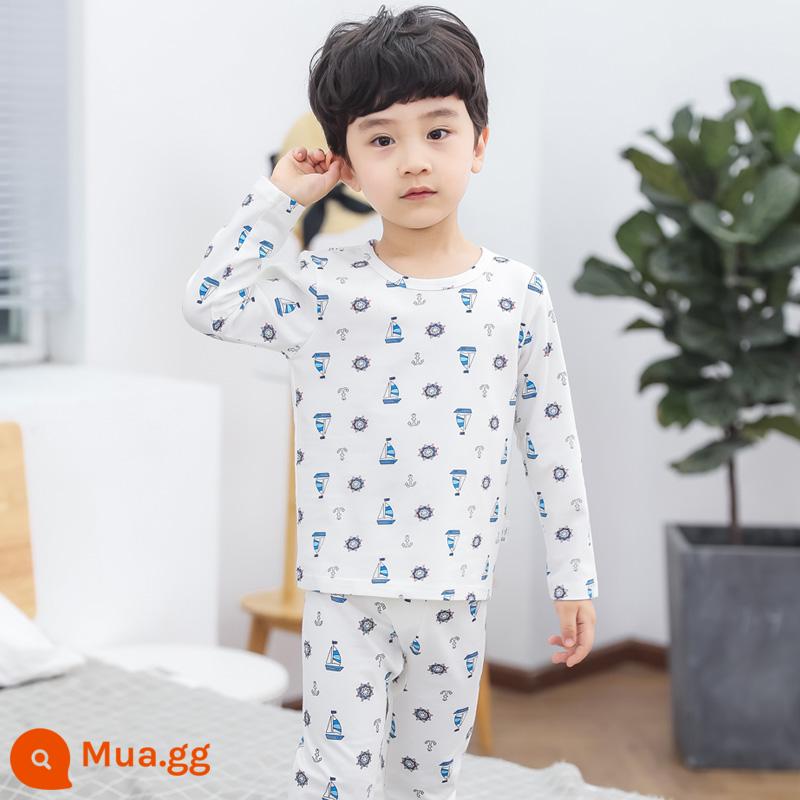 Bộ đồ lót trẻ em cotton nguyên chất bé trai quần áo mùa thu quần vệ sinh cotton bé áo len cotton đồ ngủ quần áo mặc ở nhà mùa xuân thu phần mỏng - Thuyền buồm hành trình [Bông nguyên chất loại A]