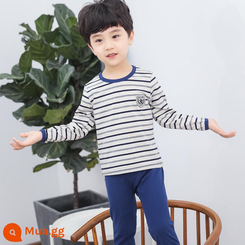 Bộ đồ lót trẻ em cotton nguyên chất bé trai quần áo mùa thu quần vệ sinh cotton bé áo len cotton đồ ngủ quần áo mặc ở nhà mùa xuân thu phần mỏng - Dải màu hải quân [Bông nguyên chất loại A]