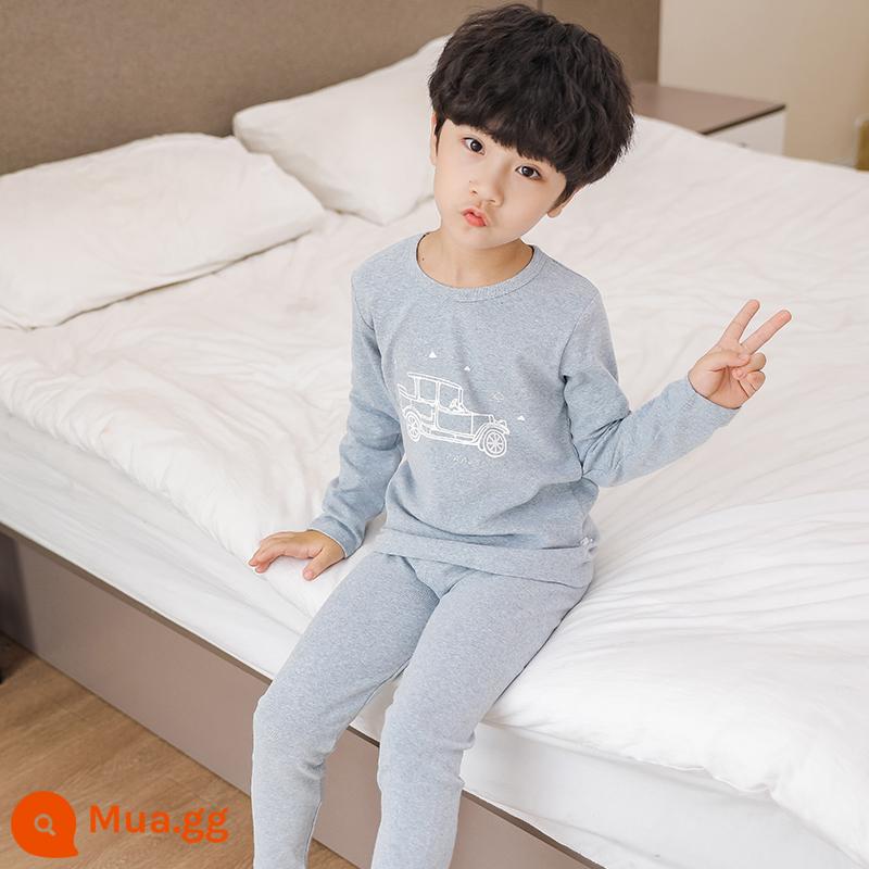 Bộ đồ lót trẻ em cotton nguyên chất bé trai quần áo mùa thu quần vệ sinh cotton bé áo len cotton đồ ngủ quần áo mặc ở nhà mùa xuân thu phần mỏng - Xe hoạt hình màu xanh và xám [Phiên bản cotton nguyên chất loại A]