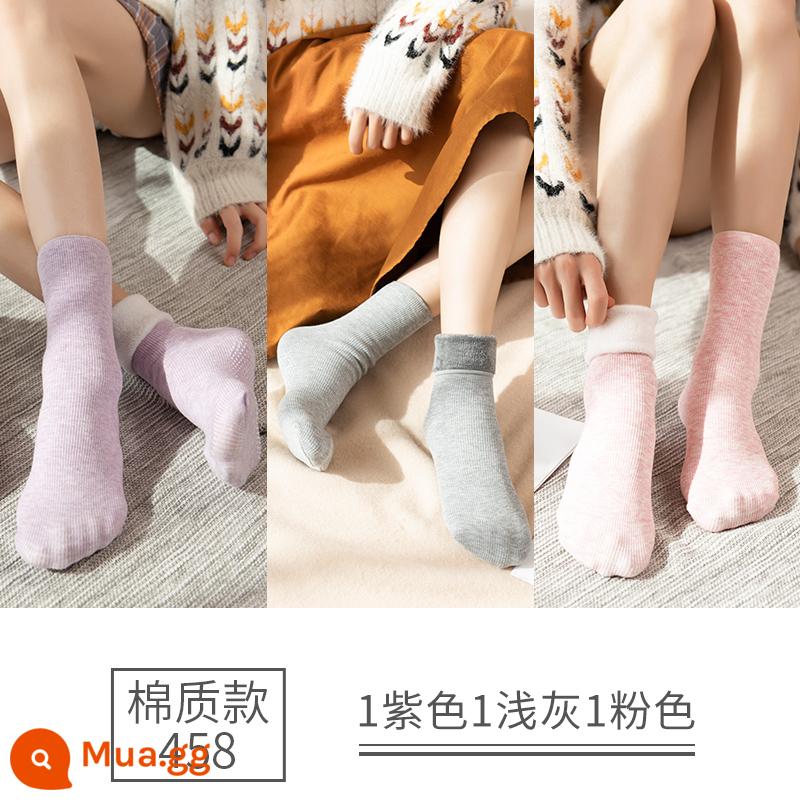 Tuyết Tất Thu Đông Ngắn Giữa Ống Cotton Plus Nhung Dày Ấm Chống Trơn Trượt Nam Nữ Mùa Đông tầng Ngủ Giam Tất - Kiểu cotton - 3 đôi - tím + xám nhạt + hồng