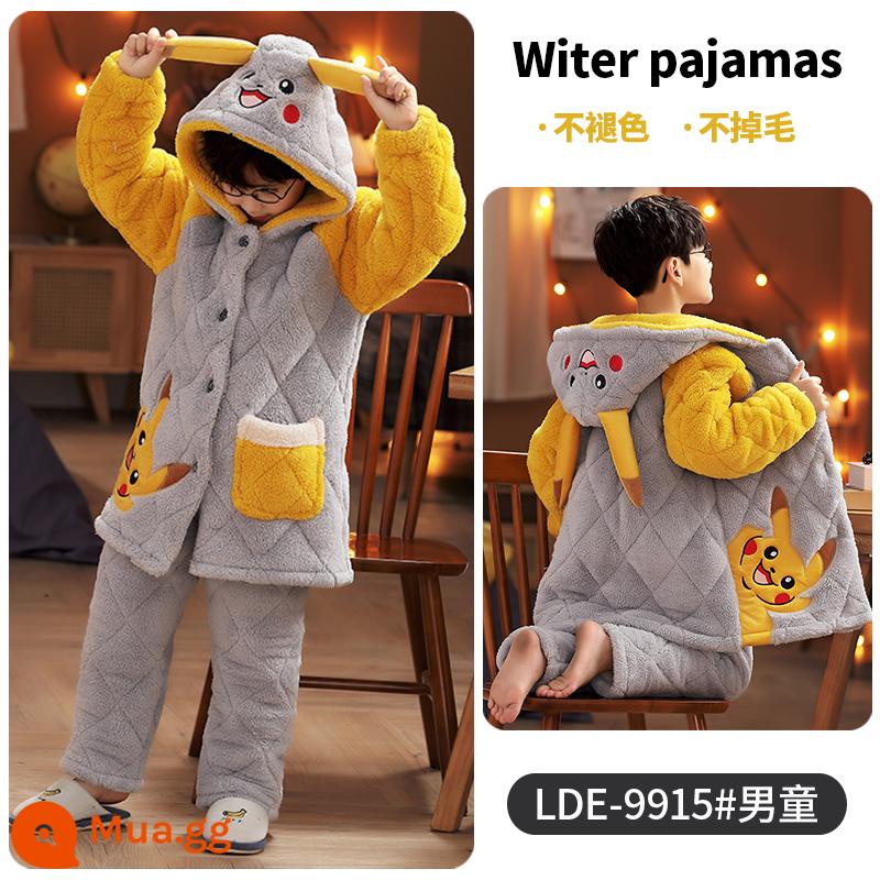 Pikachu Bộ Đồ Ngủ Bé Trai Mùa Đông Ấm Nỉ San Hô 3 Lớp Chần Bông Dày Bé Dép Nỉ Phục Vụ Tại Nhà Phù Hợp Với - [Phiên bản chần bông ba lớp dài vừa phải + quần] LDE-9915