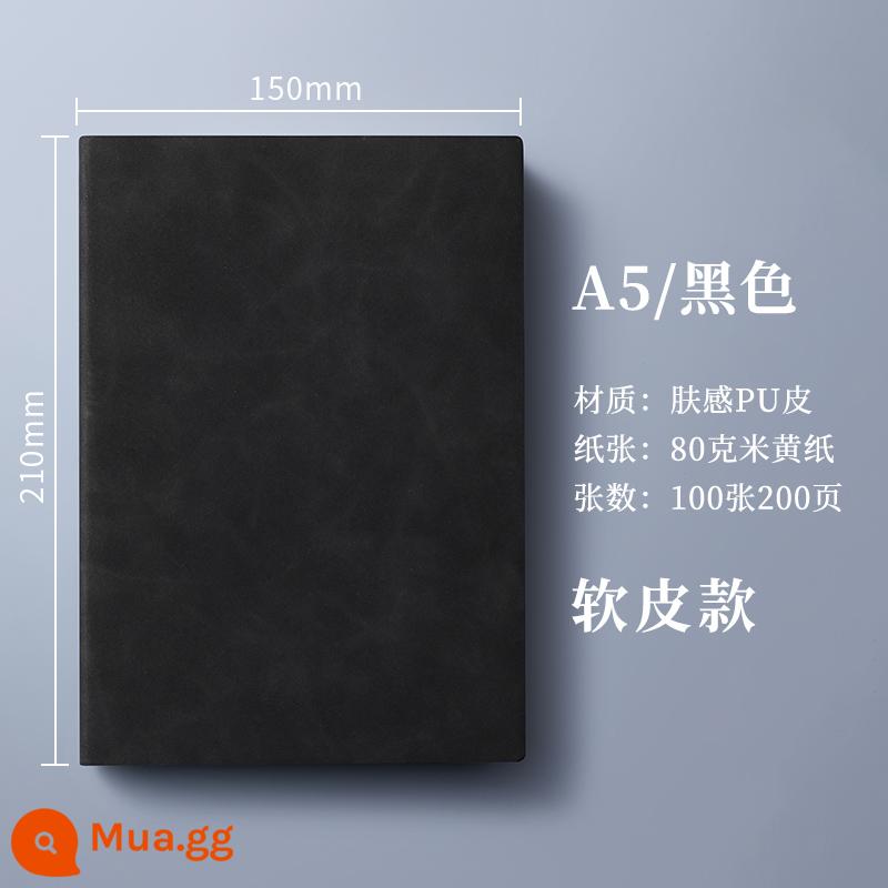 máy tính xách tay a5 có thể in tùy chỉnh LOGO khóa dày máy tính xách tay văn phòng kinh doanh có khắc nhật ký da đơn giản và tinh tế b5 sổ ghi chép cuộc họp lớn sổ làm việc da mềm notepad hộp quà tặng - A5 đen-200 trang (không khóa + da mềm)