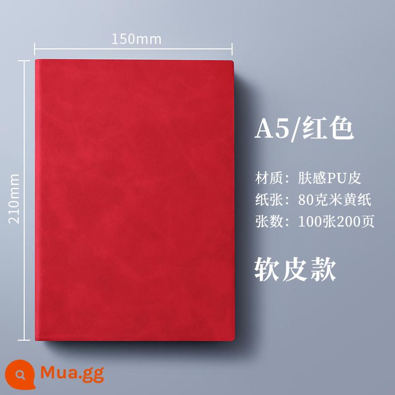 máy tính xách tay a5 có thể in tùy chỉnh LOGO khóa dày máy tính xách tay văn phòng kinh doanh có khắc nhật ký da đơn giản và tinh tế b5 sổ ghi chép cuộc họp lớn sổ làm việc da mềm notepad hộp quà tặng - A5 đỏ-200 trang (không khóa + bìa mềm)