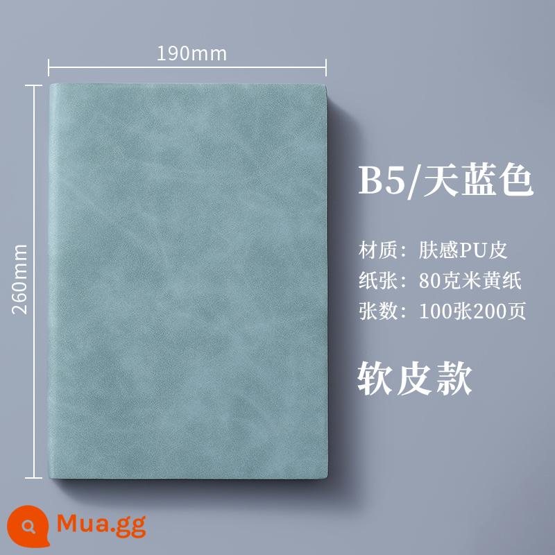 máy tính xách tay a5 có thể in tùy chỉnh LOGO khóa dày máy tính xách tay văn phòng kinh doanh có khắc nhật ký da đơn giản và tinh tế b5 sổ ghi chép cuộc họp lớn sổ làm việc da mềm notepad hộp quà tặng - B5 xanh da trời-200 trang (không khóa + bìa mềm)