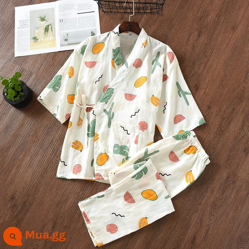 Nhật Bản tươi Kimono Pyjamas Nữ Mùa xuân và Autumn Air -Chiped Seven -Point Sleeve Cotton Garenze Beauty Home Sweat - Áo kimono trái cây tươi