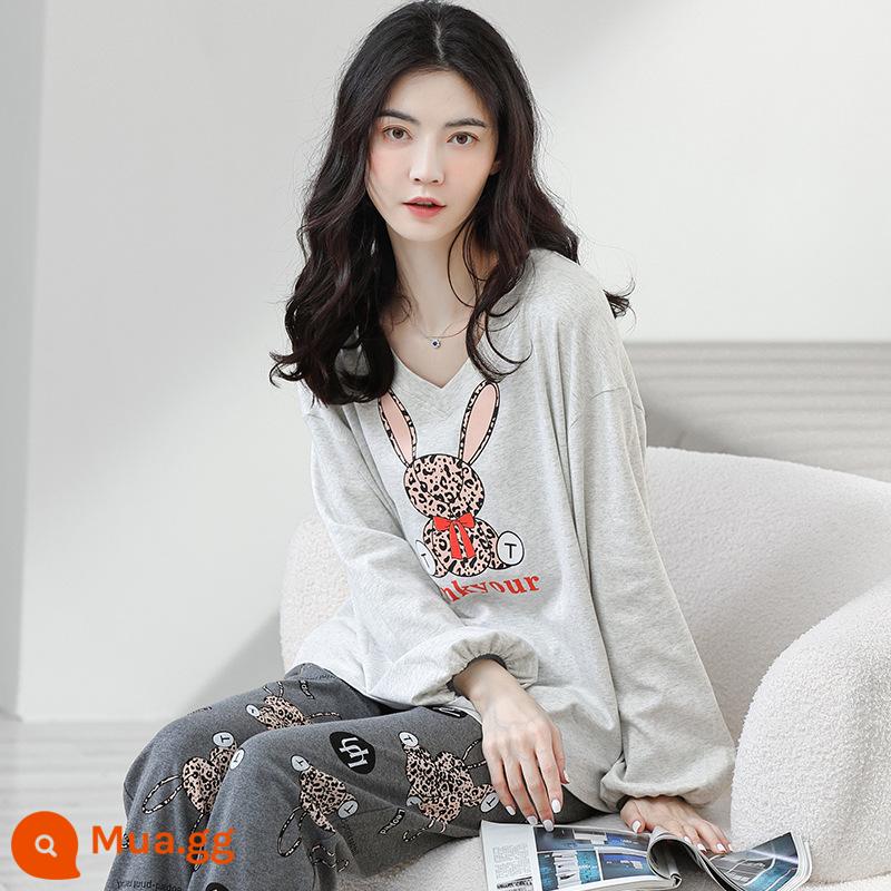 Pyjamas Bà 2022 Mới mùa thu mới Cotton Long Long Sleeves dễ thương Red Red Home Dịch vụ nhà mới có thể được mặc vào mùa đông - xám nhạt