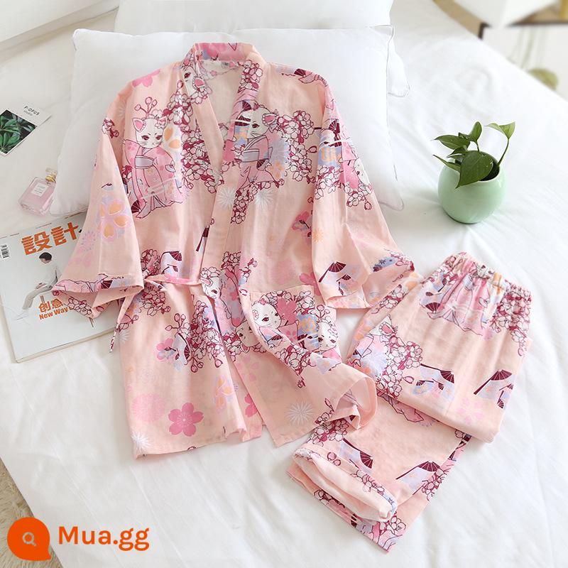 Nhật Bản tươi Kimono Pyjamas Nữ Mùa xuân và Autumn Air -Chiped Seven -Point Sleeve Cotton Garenze Beauty Home Sweat - mèo hoa anh đào màu hồng