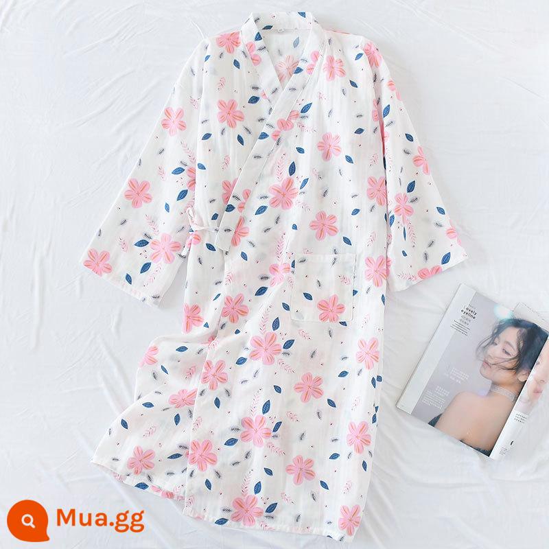 Nhật Bản tươi Kimono Pyjamas Nữ Mùa xuân và Autumn Air -Chiped Seven -Point Sleeve Cotton Garenze Beauty Home Sweat - Hoa trên nền trắng (áo choàng)