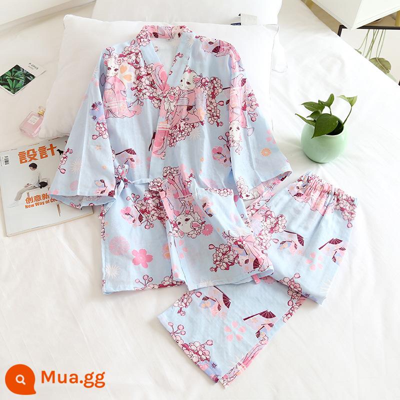 Nhật Bản tươi Kimono Pyjamas Nữ Mùa xuân và Autumn Air -Chiped Seven -Point Sleeve Cotton Garenze Beauty Home Sweat - mèo sakura xanh