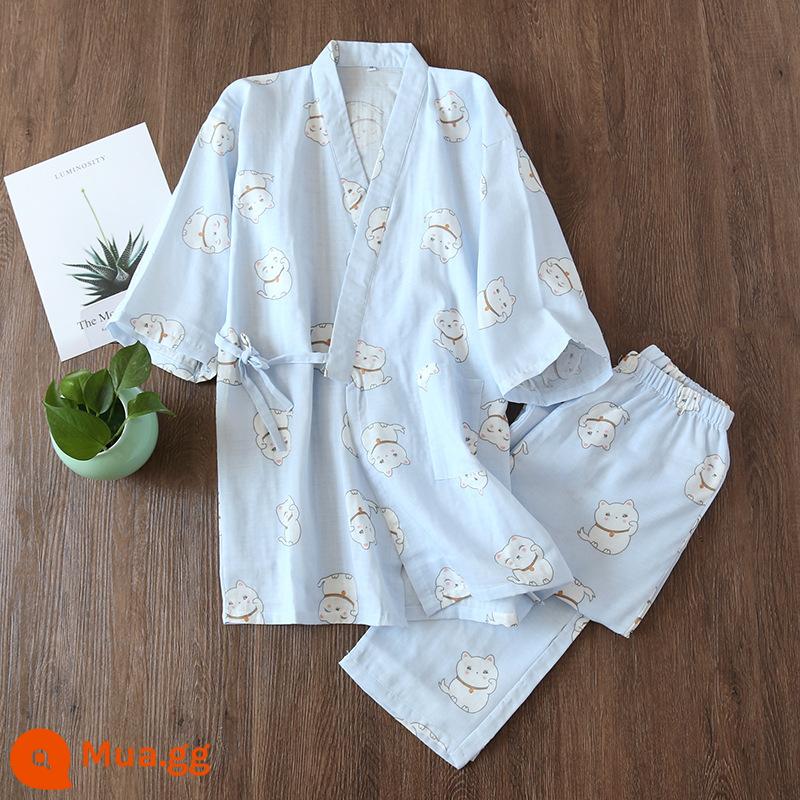 Nhật Bản tươi Kimono Pyjamas Nữ Mùa xuân và Autumn Air -Chiped Seven -Point Sleeve Cotton Garenze Beauty Home Sweat - mèo may mắn màu xanh