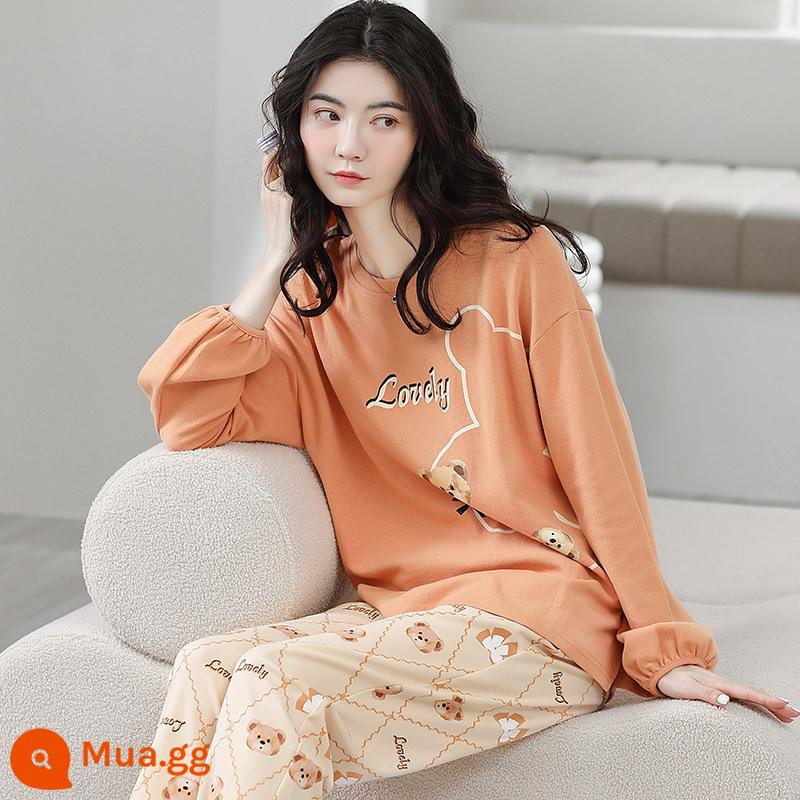 Pyjamas Bà 2022 Mới mùa thu mới Cotton Long Long Sleeves dễ thương Red Red Home Dịch vụ nhà mới có thể được mặc vào mùa đông - Quả cam