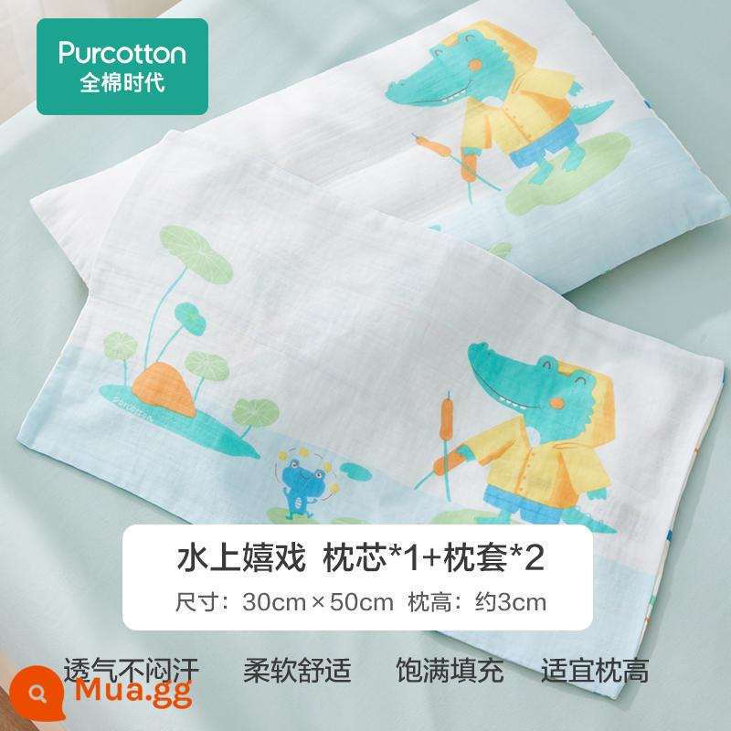 Cotton thời đại gạc vuông gối cho bé Bộ gối trẻ em lõi gối mẫu giáo - Vỏ gối nghịch nước (30*50cm)*2+lõi gối*1