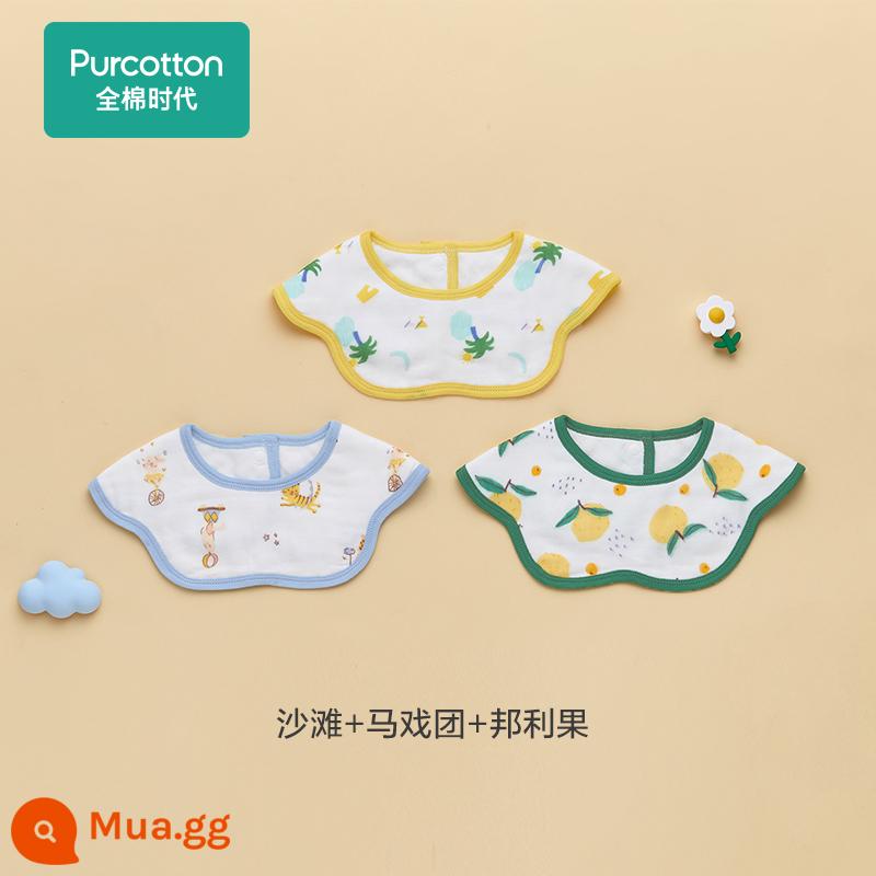 Túi đựng nước dãi cho bé thời kỳ hoàn toàn bằng cotton, khăn ăn gạc hình cánh hoa, khăn ăn thấm nước dãi, yếm nhổ 3 gói - Bãi biển + Xiếc + Trái cây Bangli 6 lớp gạc