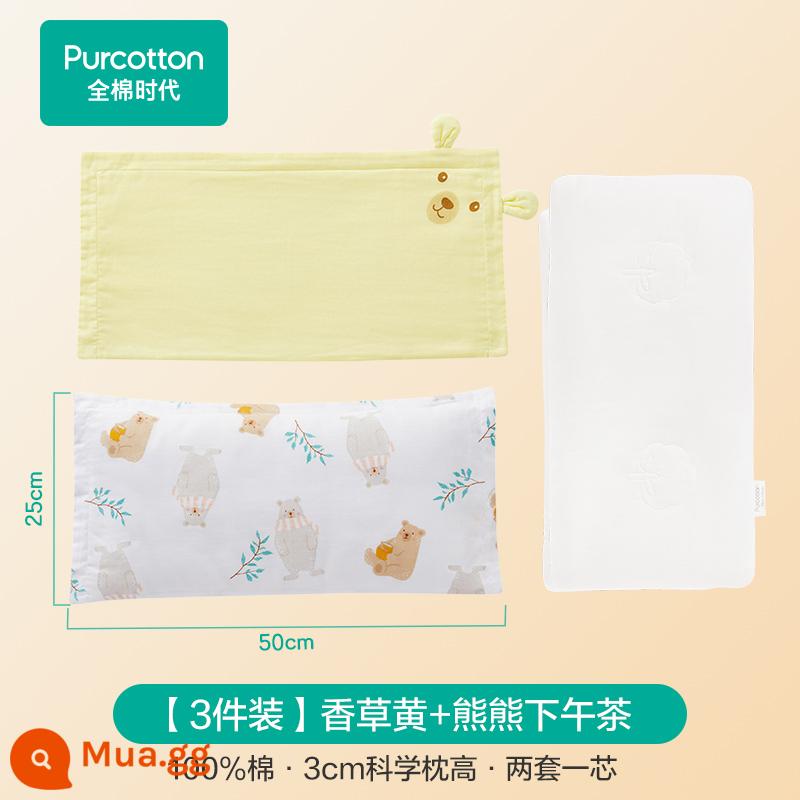 Cotton thời đại gạc vuông gối cho bé Bộ gối trẻ em lõi gối mẫu giáo - Trà Chiều Màu Vàng Vani + Gấu (25*50cm) Vỏ Gối*2+Lõi Gối*1