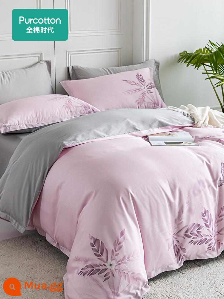 Cotton Kỷ Nguyên 60 Bá Tước Satin Bộ 4 Món 100% Cotton Mượt Giường Vỏ Chăn Bộ Chăn Ga Gối - Thung lũng hoa Qingyou-Hồng [60S Satin]