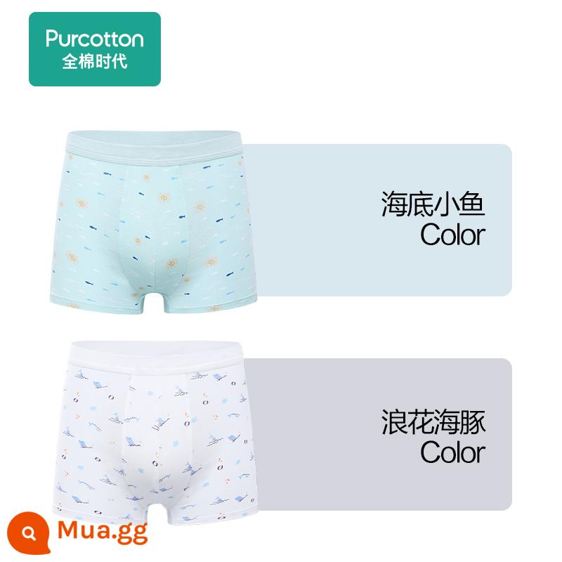 Thời Đại Cotton Quần Lót Trẻ Em Bé Trai Cotton Nguyên Chất Võ Sĩ Bé Gái Quần Đùi Bé Võ Sĩ 2 Gói - [Boy's Boxer] Xịt Cá Heo + Cá Dưới Biển