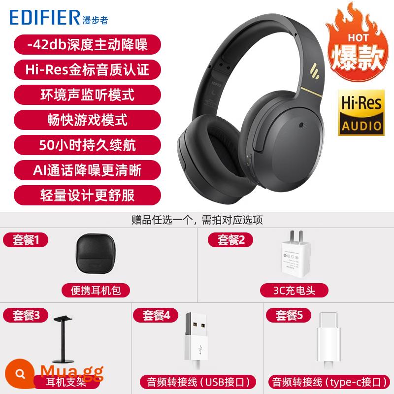 Edifier W820NB nhãn vàng đôi Tai nghe Bluetooth gắn trên đầu máy tính giảm tiếng ồn chủ động không dây kèm tai nghe thể thao - Màu xám Athens [Phiên bản cổ điển]