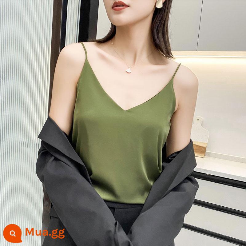 Áo yếm bên trong nữ màu trắng và đen bộ đồ mùa hè đáy áo sơ mi axetat mô phỏng lụa satin cổ chữ V - Ruy băng xanh quả bơ