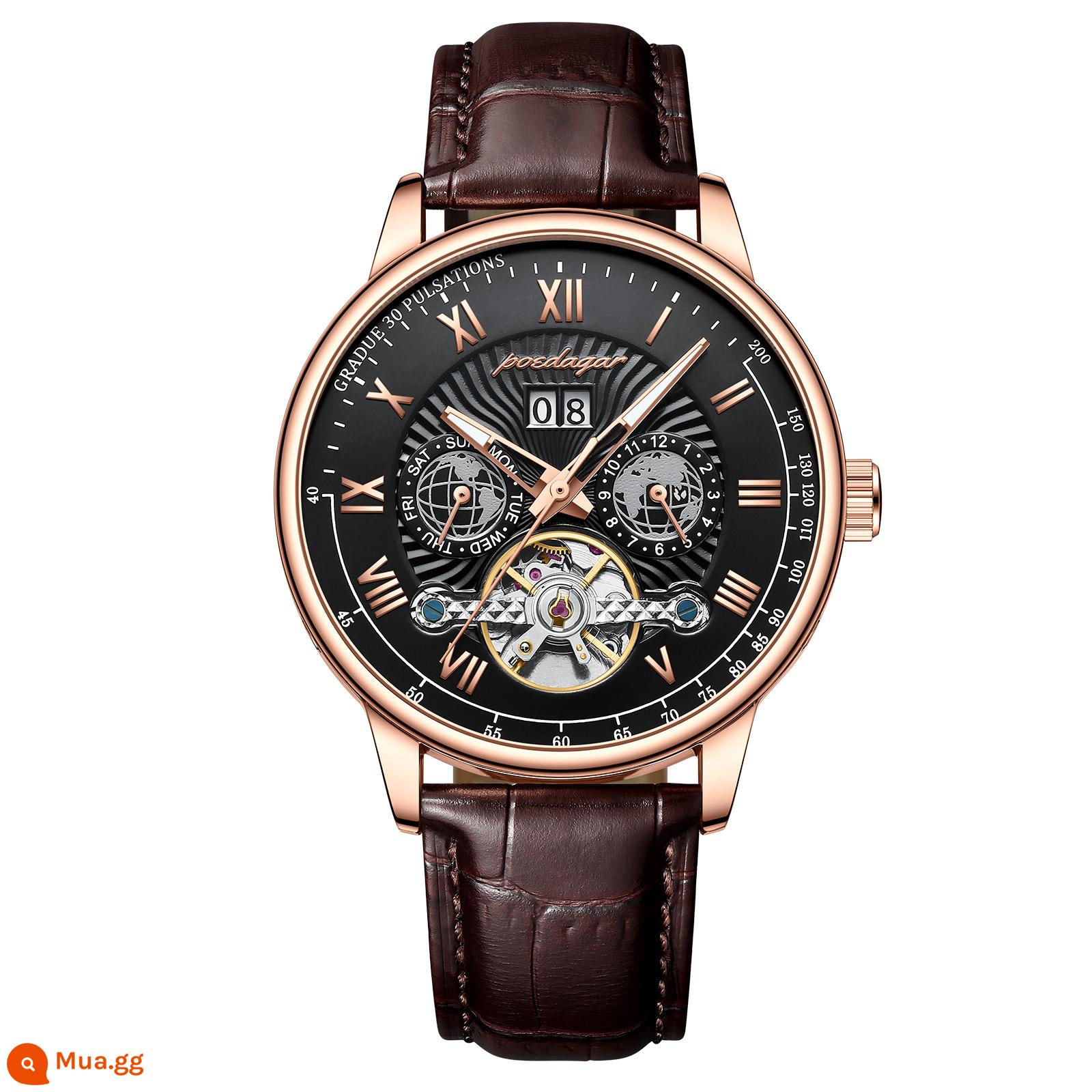 Đồng hồ nam mới chính hãng hoàn toàn tự động tourbillon cơ khí giải trí chống thấm nước dạ quang đa chức năng đồng hồ nam - Mẫu đai đen vàng hồng C1409 (sưu tầm mua làm quà)