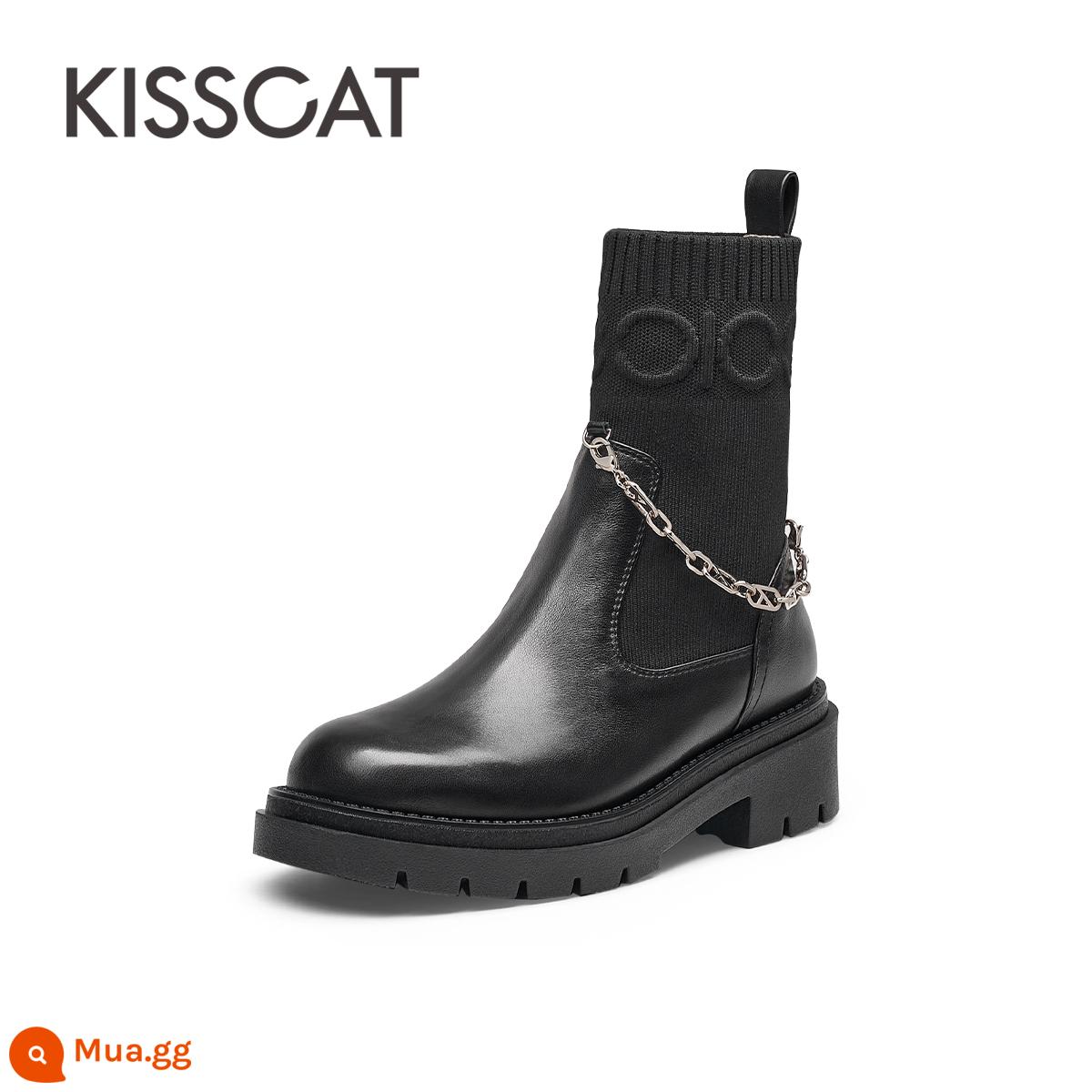 Kissing Cat 2022 mùa thu đông mới hợp thời trang thoáng mát chuỗi Chelsea Boots cổ tròn mũi nhọn gót dày chống trượt giày bốt thời trang nữ - đen