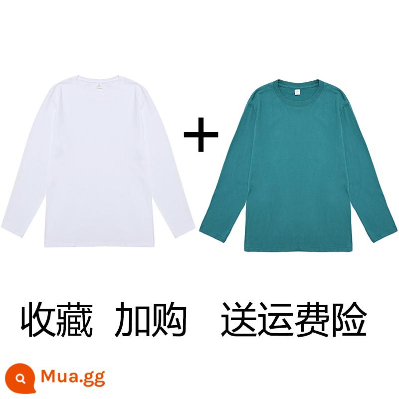 (Mua một tặng một) Áo phông dài tay cotton nguyên chất nặng 200g Tân Cương Áo thun có đáy cotton trơn màu rộng rãi cho nam và nữ - Trắng + Hồ Xanh