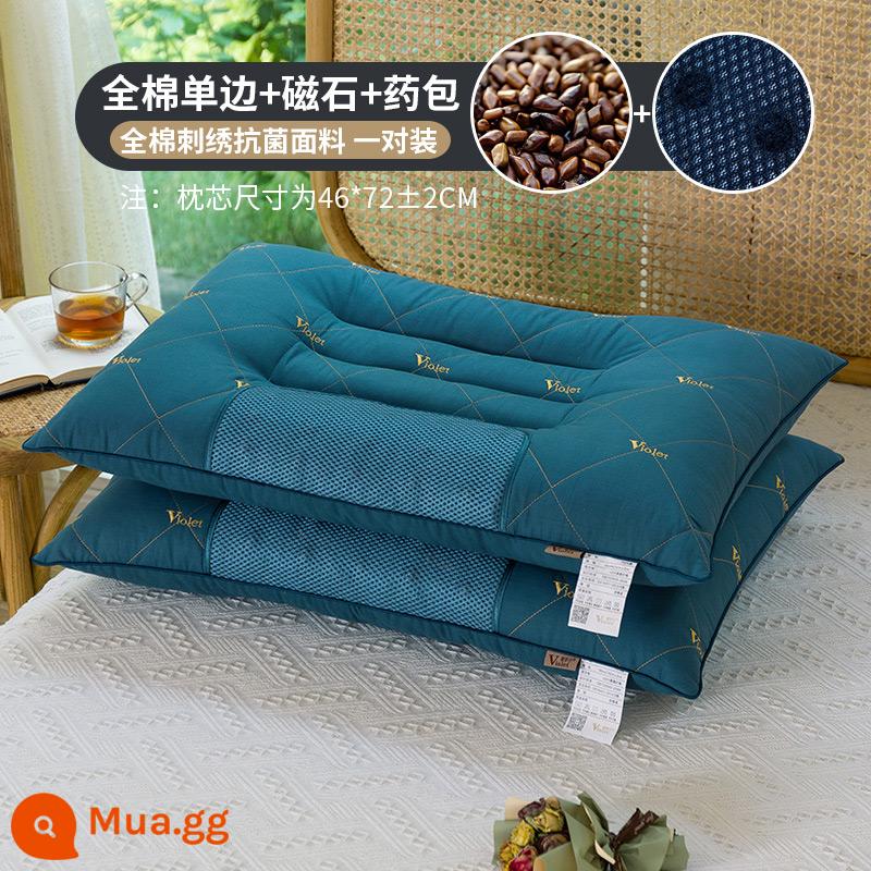 Cassia seed cotton nam châm gối thêu kháng khuẩn cặp học sinh kiều mạch lõi gối đơn và đôi người lớn cột sống cổ - [Đôi] Cotton Thêu Kháng Khuẩn Một Mặt + Nam Châm + Lõi Gối Cassia - Xanh Dương