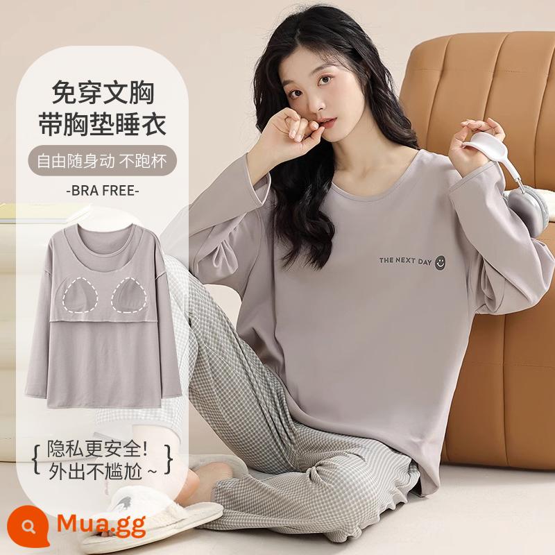 Bộ đồ ngủ nữ xuân thu có đệm ngực 2023 Bộ đồ mặc nhà dài tay cotton nguyên chất Nhật Bản mới dành cho nữ có thể mặc bên ngoài - Màu xám than đậm - có miếng đệm ngực