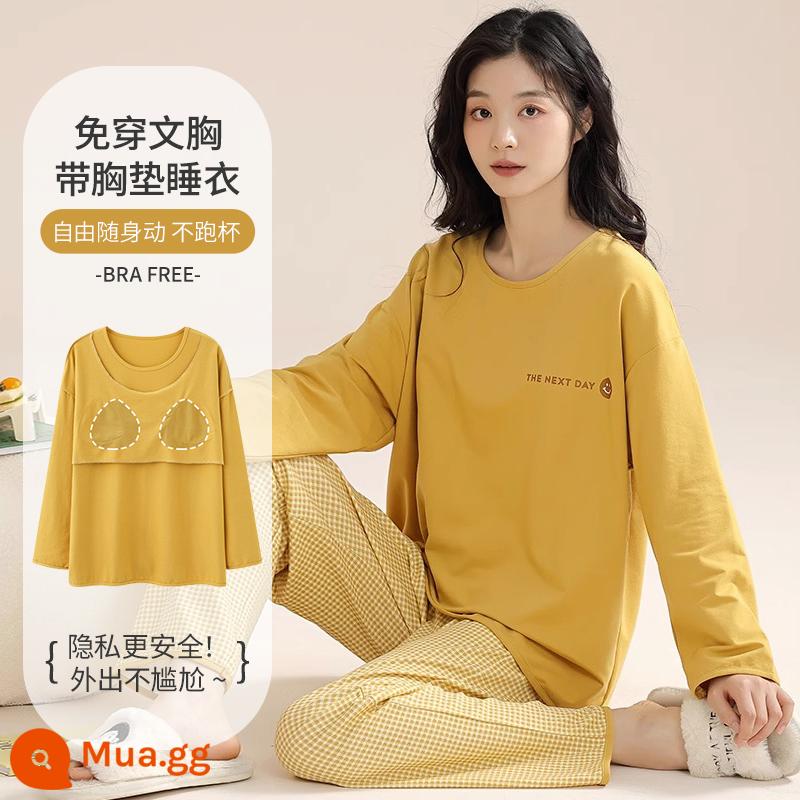 Bộ đồ ngủ nữ xuân thu có đệm ngực 2023 Bộ đồ mặc nhà dài tay cotton nguyên chất Nhật Bản mới dành cho nữ có thể mặc bên ngoài - Màu vàng ngỗng - có miếng đệm ngực