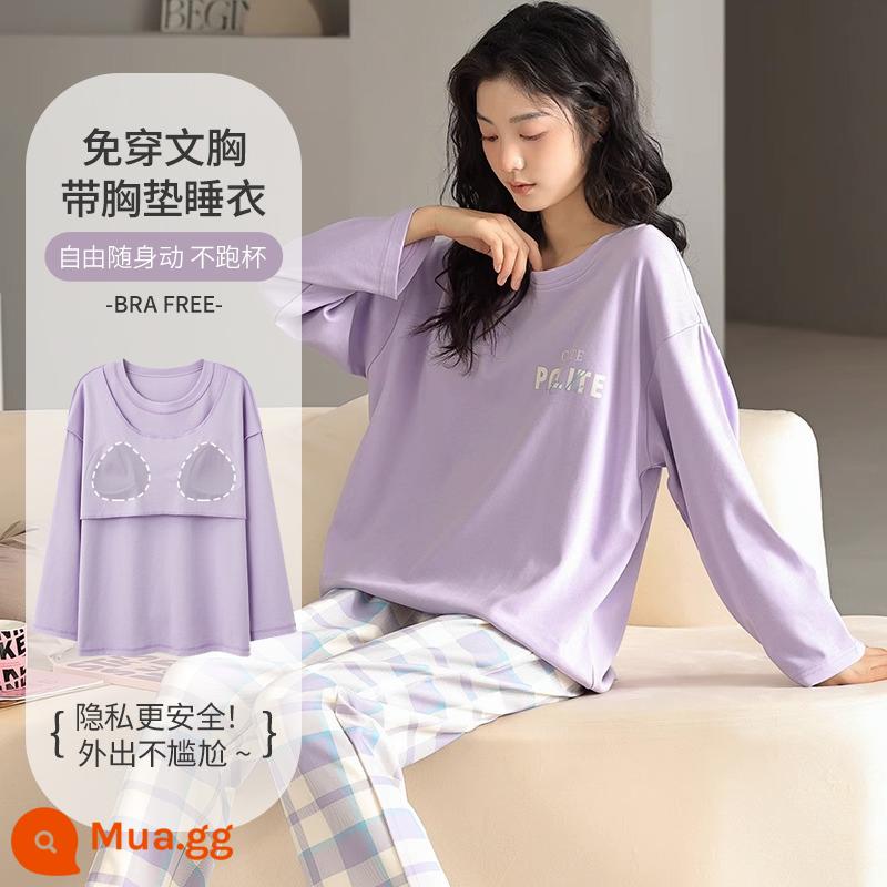 Bộ đồ ngủ nữ xuân thu có đệm ngực 2023 Bộ đồ mặc nhà dài tay cotton nguyên chất Nhật Bản mới dành cho nữ có thể mặc bên ngoài - Youyu tím--với miếng đệm ngực