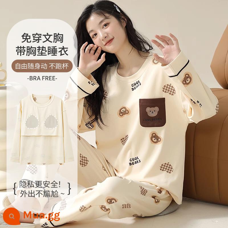 Bộ đồ ngủ nữ xuân thu có đệm ngực 2023 Bộ đồ mặc nhà dài tay cotton nguyên chất Nhật Bản mới dành cho nữ có thể mặc bên ngoài - Gấu Monet - có miếng đệm ngực