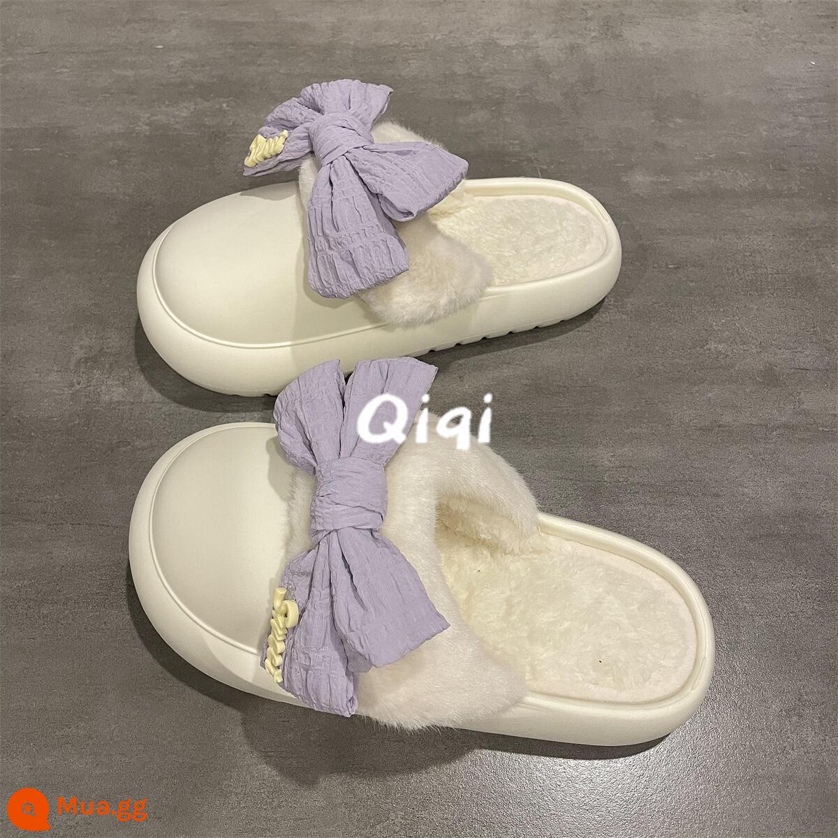 Qiqi Master Nơ Lớn Trắng Plus Nhung Nhà Ấm Dép Bông Đi Trong Nhà Nữ Chống Trơn Trượt Giày Lông Bao Đầu - Nơ trắng và tím