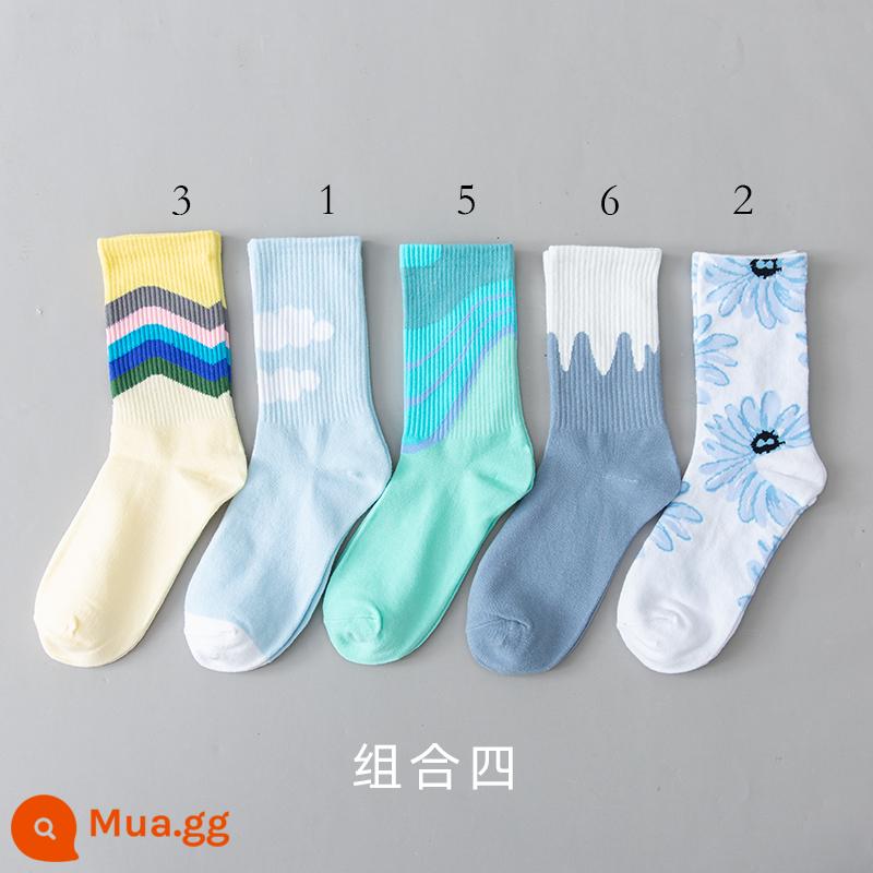 Tất dành cho nam và nữ theo xu hướng vớ cotton nguyên chất giữa ống thể thao mùa xuân và mùa hè vớ đôi nhiều màu sắc hợp thời trang dành cho nữ thương hiệu trượt ván đường phố - tổ hợp 4