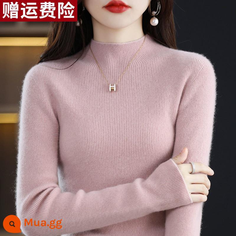 Ordos 100 nguyên chất áo len cashmere nữ mùa thu đông nửa cao cổ bên trong áo len mỏng len đáy áo len - Hồng