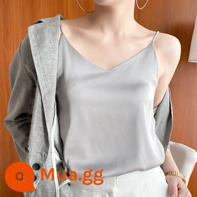 Yếm lụa nữ băng lụa đẹp lưng trắng đen đế trong satin lụa dâu tằm mùa hè cổ chữ V - Xám [vai]