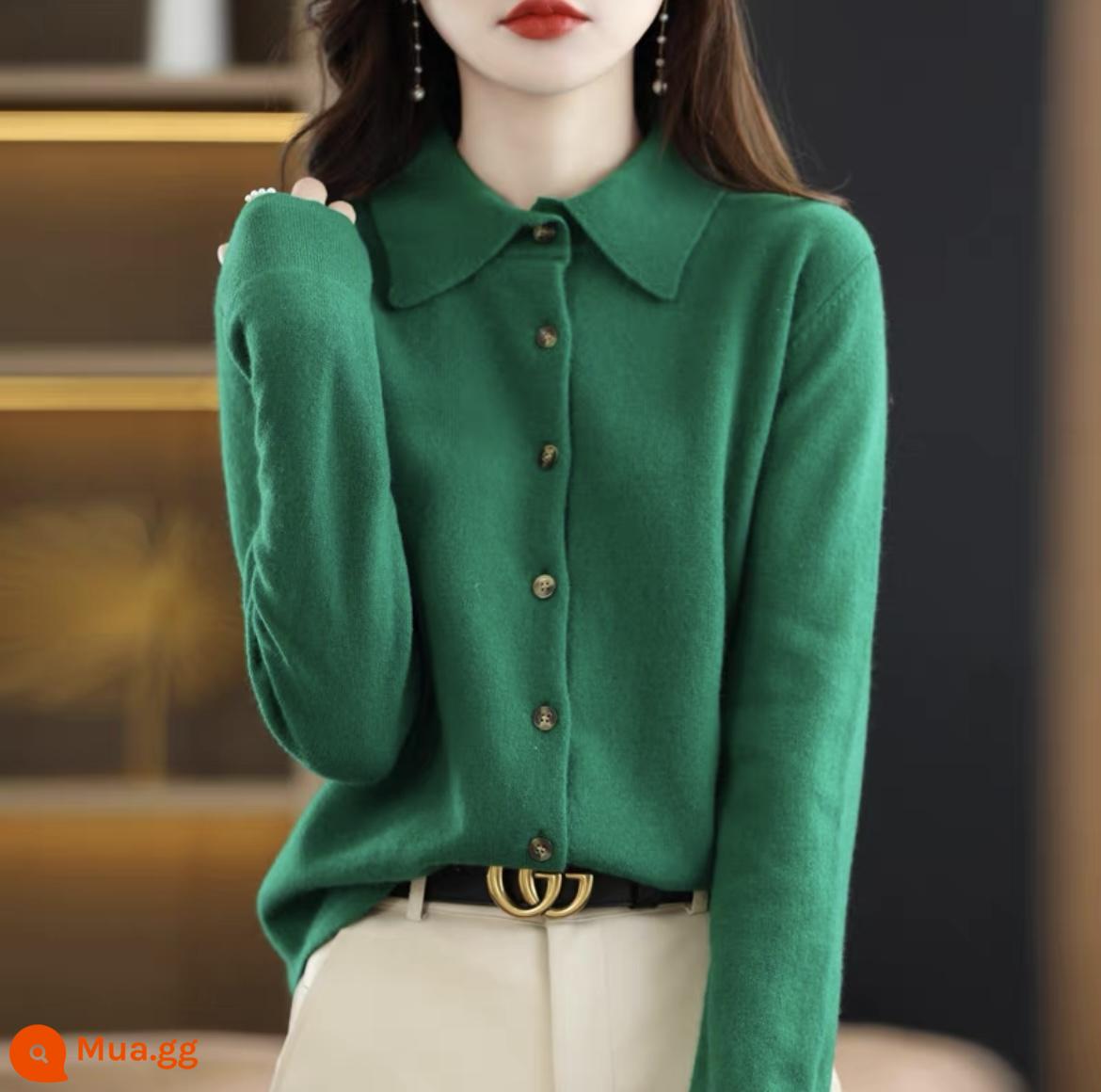 Phong Cách Mùa Xuân 100 Áo Len Cashmere Nữ Cardigan Cổ Áo Sơ Mi Tinh Tế Cổ POLO Áo Len Dài Tay Len Đáy Áo Len - ngọc lục bảo