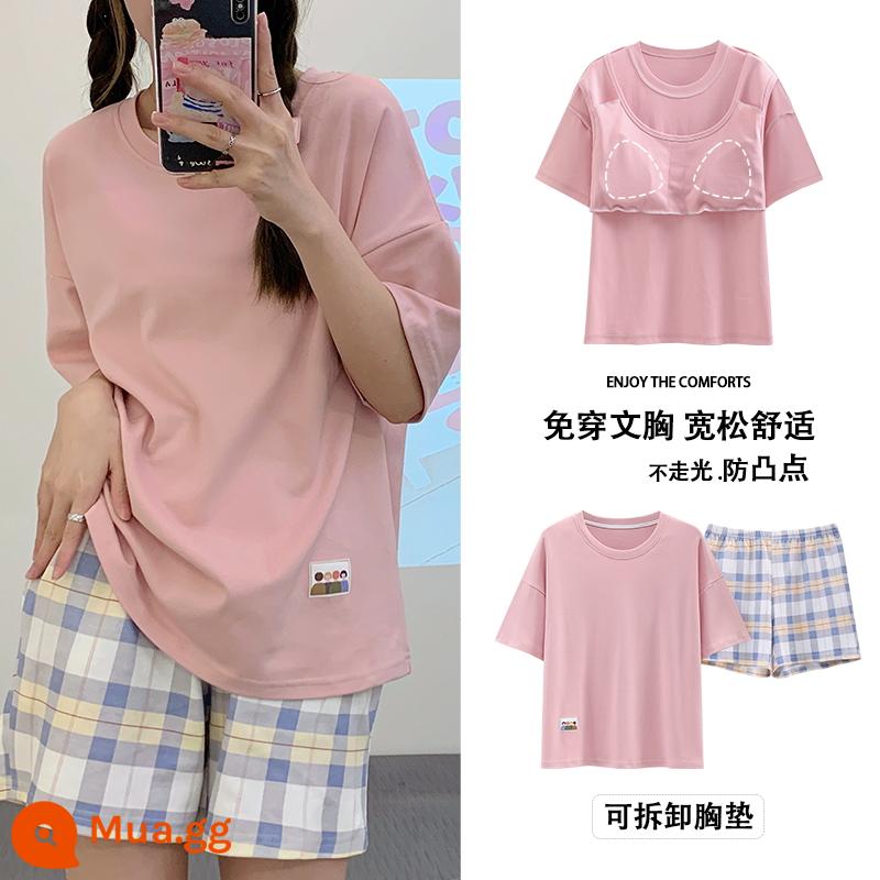 Bộ đồ ngủ có đệm ngực nữ ngắn tay cotton hè mẫu xuân thu 2023 bộ đồ mặc nhà mới mặc ngoài được - Yibai