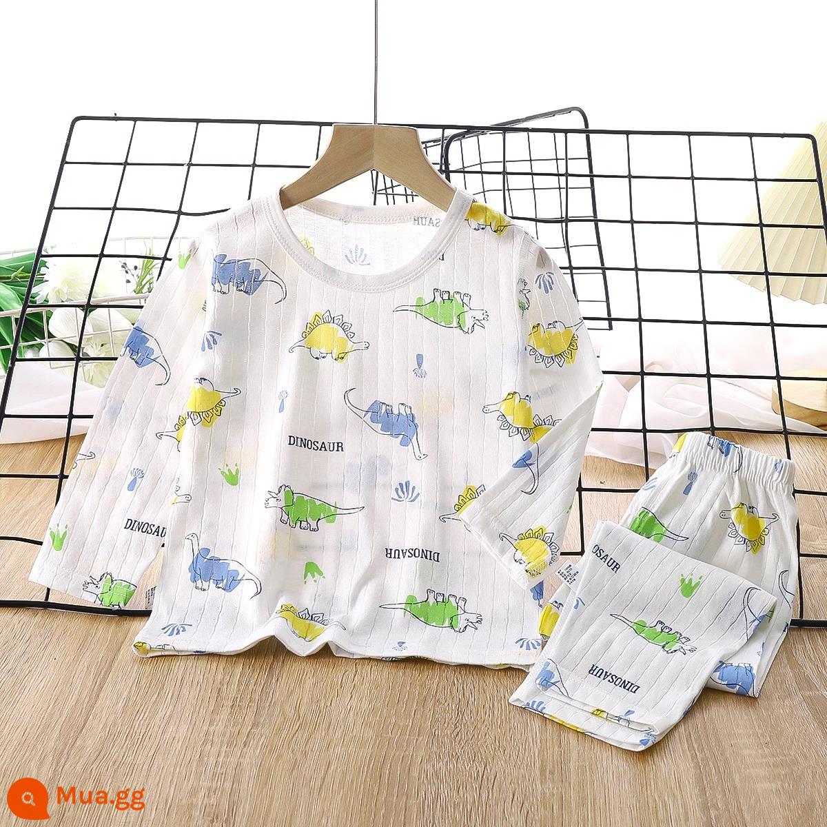 Bộ đồ ngủ trẻ em bé trai mùa hè cotton mỏng quần áo điều hòa bé trai và bé gái bộ quần áo mặc ở nhà xuân thu bé gái - gia đình khủng long