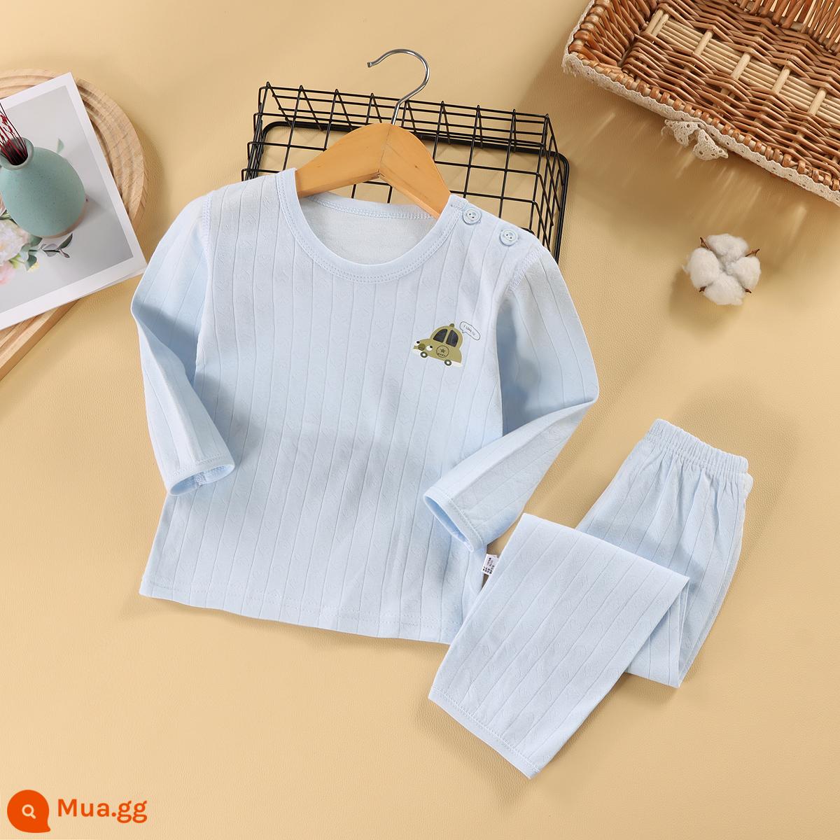 Bộ đồ ngủ trẻ em bé trai mùa hè cotton mỏng quần áo điều hòa bé trai và bé gái bộ quần áo mặc ở nhà xuân thu bé gái - xe nền xanh