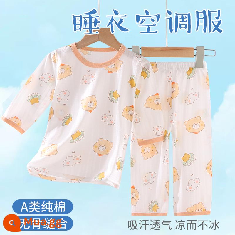 Bộ đồ ngủ trẻ em bé trai mùa hè cotton mỏng quần áo điều hòa bé trai và bé gái bộ quần áo mặc ở nhà xuân thu bé gái - Gấu không gian trên nền trắng