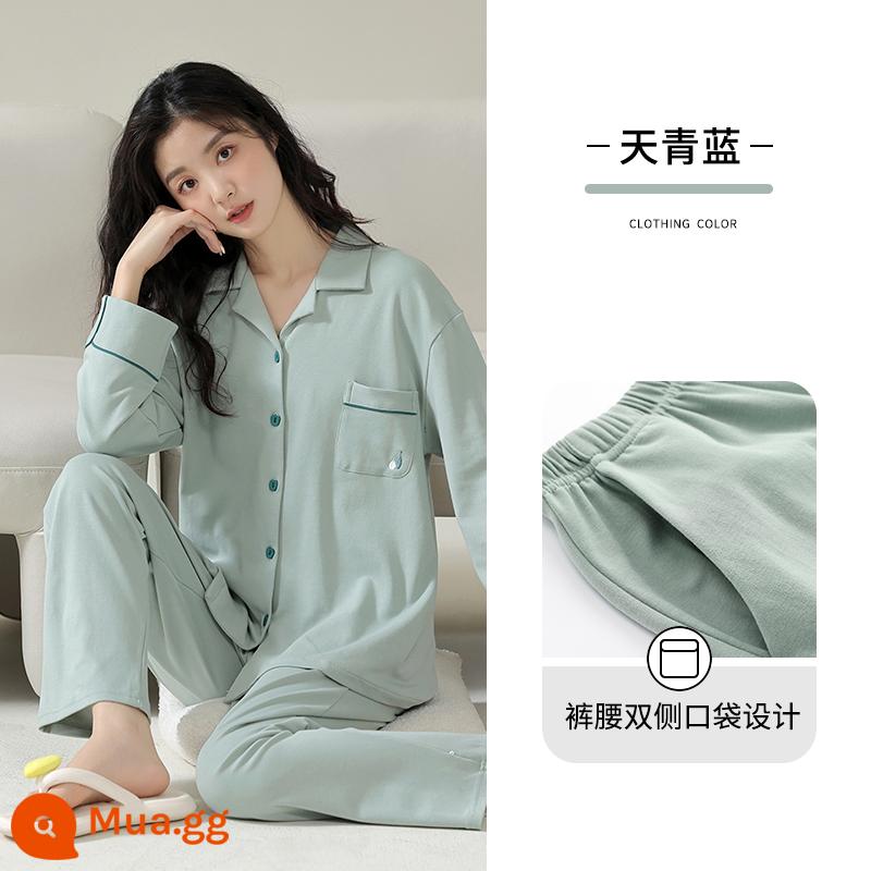 Bộ đồ ngủ nữ mẫu xuân thu 2023 mới dài tay xuân hè áo cardigan nữ cỡ lớn bộ đồ phục vụ tại nhà - [Mẫu nữ] Xanh da trời [Mặc được mọi mùa] [Túi đơn]