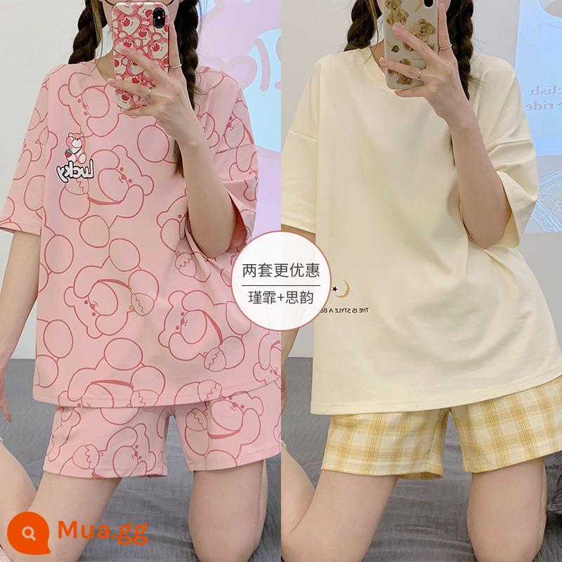 Bộ đồ ngủ có đệm ngực nữ ngắn tay cotton hè mẫu xuân thu 2023 bộ đồ mặc nhà mới mặc ngoài được - Cẩm Phi + Tư Vân