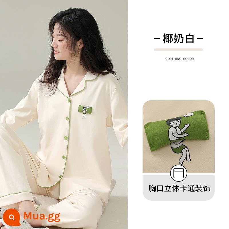 Bộ đồ ngủ nữ mẫu xuân thu 2023 mới dài tay xuân hè áo cardigan nữ cỡ lớn bộ đồ phục vụ tại nhà - Nước cốt dừa trắng [Mặc được mọi mùa] [Túi đơn]