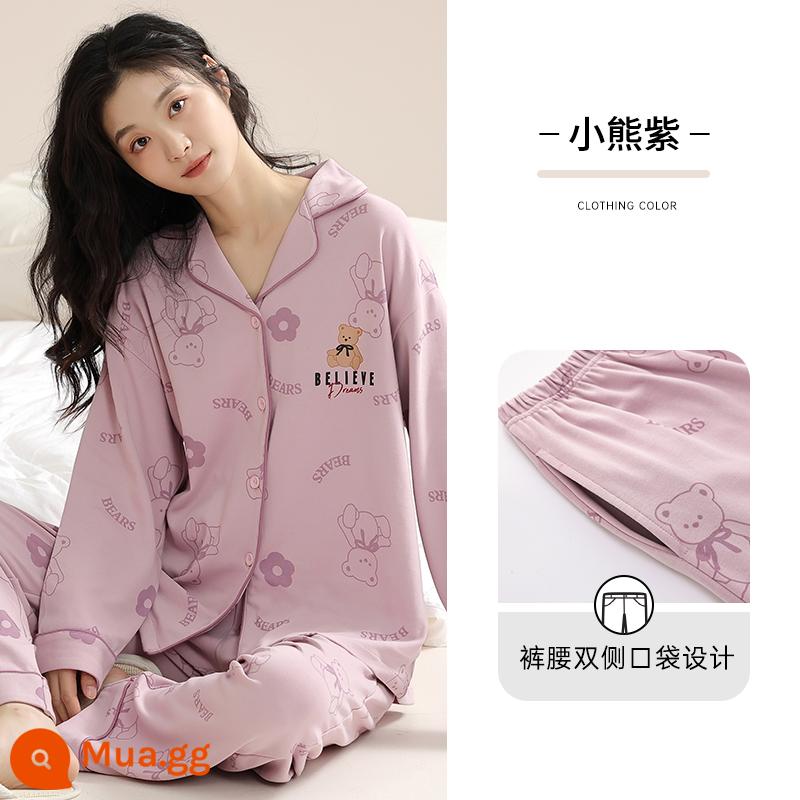 Bộ đồ ngủ nữ mẫu xuân thu 2023 mới dài tay xuân hè áo cardigan nữ cỡ lớn bộ đồ phục vụ tại nhà - [Mẫu nữ] Tím gấu [Mặc được mọi mùa] [Túi đơn]