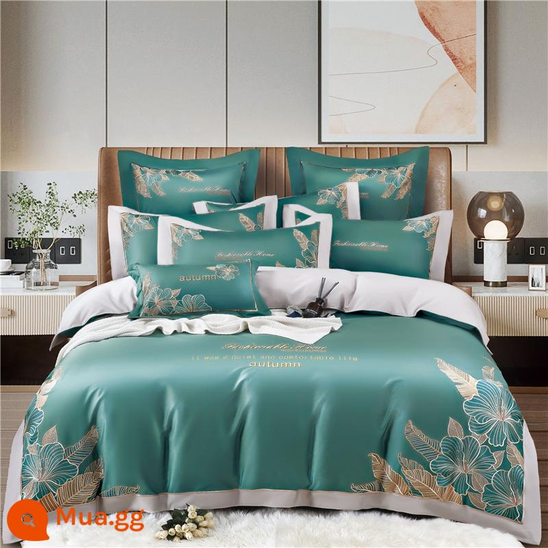 140-tính Dài-Chủ Lực Cotton Bộ 4 Bộ Cotton Nguyên Chất Nhẹ Sang Trọng Cao Cấp Giường Vỏ Chăn Cao Cấp bộ Chăn Ga Gối Thêu - Weiman-Emerald-140 Count Vải-Top sang trọng